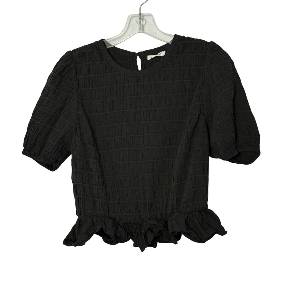Unsubscribed Smocked Peplum Top Black Puff Sleeve Ruffle Hem Top - Medium